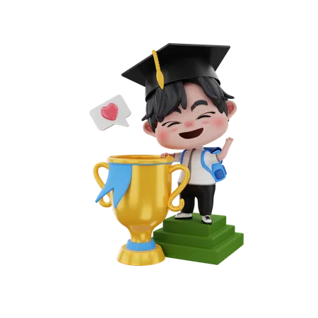 Graduate boy holding award  3D Illustration