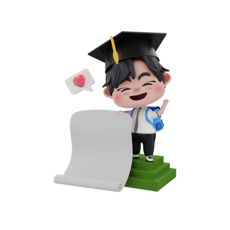 Graduate boy holding blank paper  3D Illustration