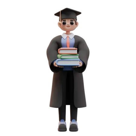 A Boy Student In Graduation Clothes Holds A Stack Of Books 3D Illustration