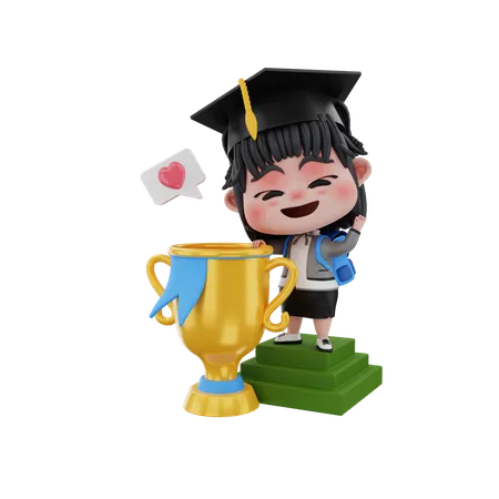 Graduate girl with award  3D Illustration