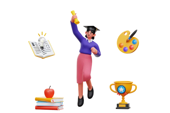 Graduate girl with certificate  3D Illustration