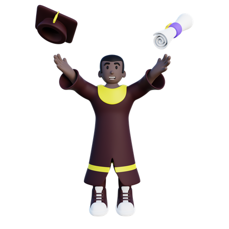 Graduated college student throwing graduation cap and degree in air  3D Icon