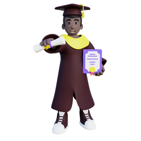 Graduated student holding certificate and diploma  3D Illustration