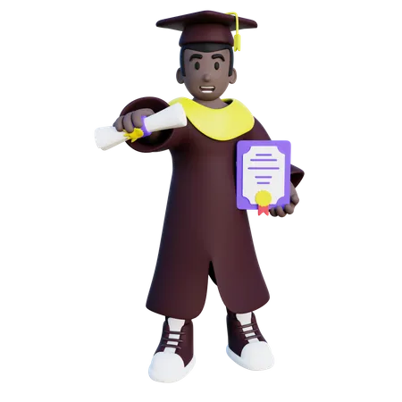 Graduated student holding certificate and diploma  3D Illustration
