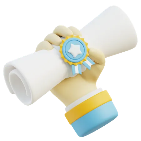 A 3 D Graphic Of A Hand Holding A Rolled Diploma With A Blue And Yellow Ribbon Depicting The Proud Moment Of Academic Achievement 3D Icon