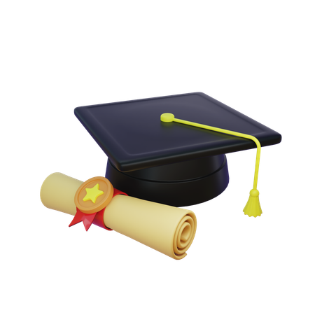 Graduation hat with certificate  3D Icon