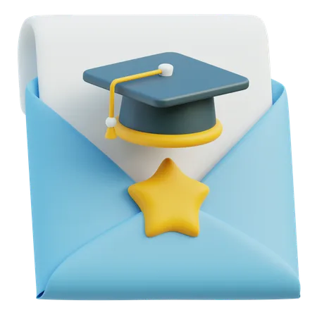 A 3 D Render Of A Blue Envelope With A Graduation Mortarboard On Top Adorned With A Yellow Star Symbolizing A Graduation Invitation Or Announcement 3D Icon