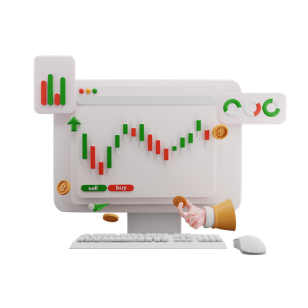 Análisis del mercado comercial en monitor con carrito de crecimiento en movimiento ascendente  3D Icon