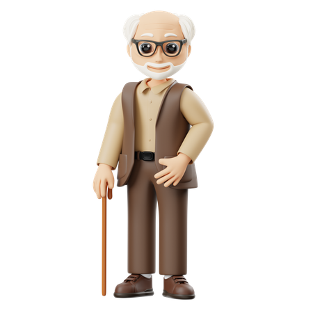 Grandfather Holding A Stick  3D Illustration