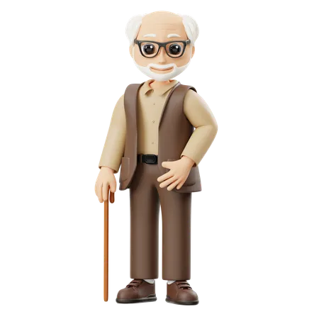 Grandfather Holding A Stick  3D Illustration