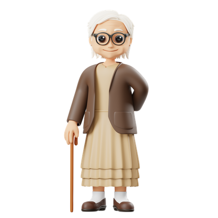 Grandmother Holding A Stick  3D Illustration