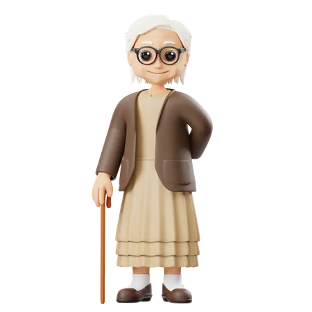 Grandmother Holding A Stick  3D Illustration