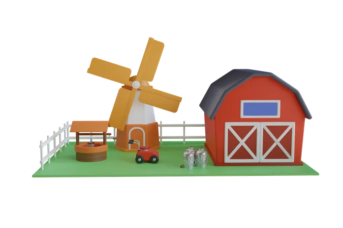 Ilustracion 3 D De Edificios Agricolas Rurales Molino De Viento Y Granero Almacenamiento En Almacen De Granero Rural Edificios Agricolas Graneros De Molinos De Viento Y Cobertizos De Silos Camas De Heno Y Tractores 3D Illustration