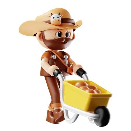 Agricultor llevando tierra con carretilla  3D Illustration