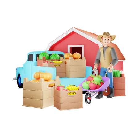 Agricultor con cultivo listo para transportar  3D Illustration