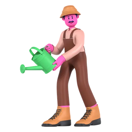 Agricultor sosteniendo lata de agua  3D Illustration