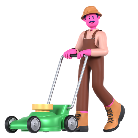 Agricultor cortando césped con cortacésped  3D Illustration