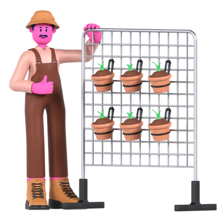 Agricultor de pie cerca del Jardín Vertical  3D Illustration