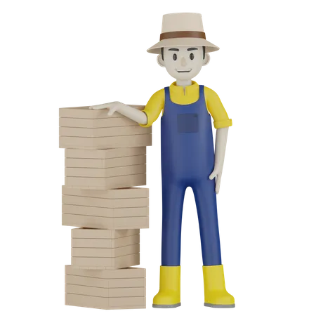 Granjero de pie con cajas  3D Illustration