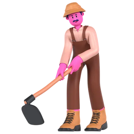 Agricultor cavando con azada  3D Illustration