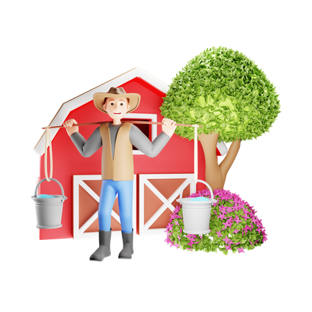 Granjero que lleva dos cubos para regar las plantas  3D Icon
