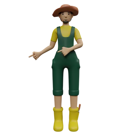 Agricultor de sexo masculino que señala el dedo en el costado  3D Illustration