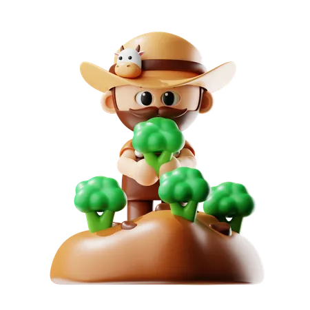 Agricultor plantando brócoli  3D Illustration