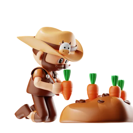 Agricultor plantando zanahorias  3D Illustration