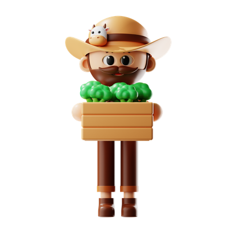 Granjero Trae Cesta De Brócoli  3D Illustration