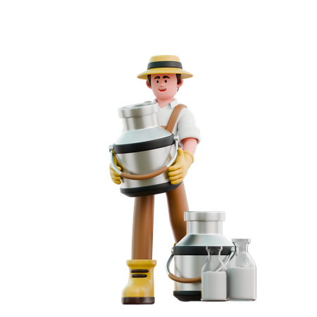 Un granjero trae un bidón de leche  3D Illustration