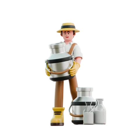 Un granjero trae un bidón de leche  3D Illustration