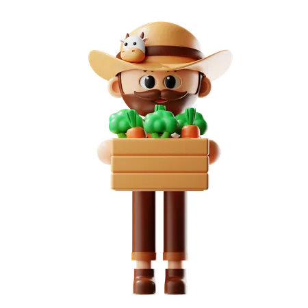 Granjero Trae Canasta De Zanahorias Y Brócoli  3D Illustration