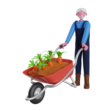 Granjero llevando carrito de zanahorias  3D Illustration