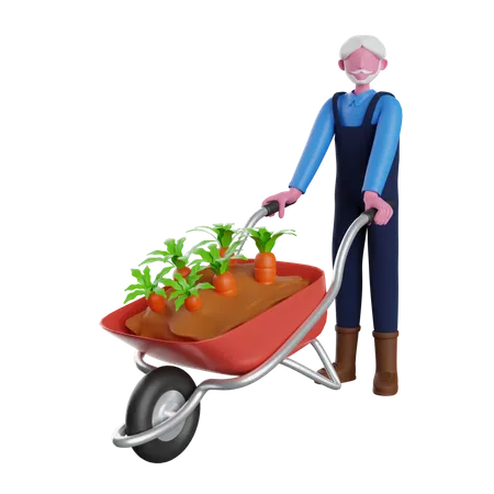 Granjero llevando carrito de zanahorias  3D Illustration