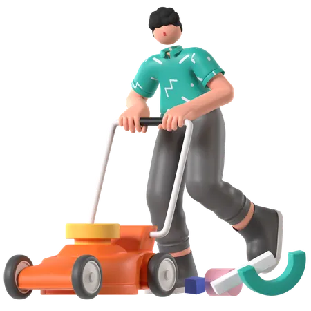 Agricultor usando cortadora de césped  3D Illustration