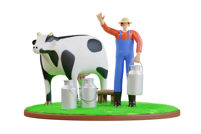Granjero ordeñando vaca  3D Illustration