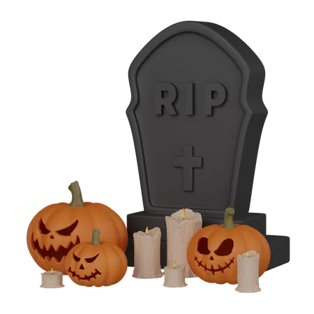 Grave with pumpkin and candle  3D Icon