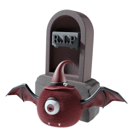 Gravestone With Halloween Bat  3D Icon