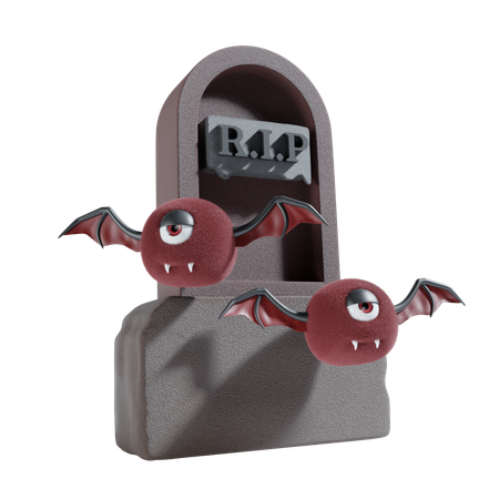 Gravestone With Halloween Bat  3D Icon