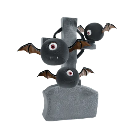 Gravestone With Halloween Bat  3D Icon