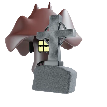 Gravestone With Haunted House  3D Icon