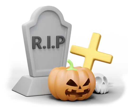 3 D Graveyard With RIP Inscription Orange Pumpkin With Gravestone Skull Christian Cross Isolated On Transparent Holiday Halloween Elements Cartoon Festival Icon 3 D Rendering Illustration 3D Icon