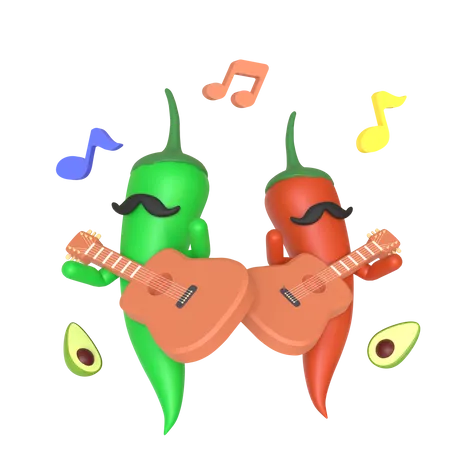 Green and red chili pepper playing guitar  3D Illustration