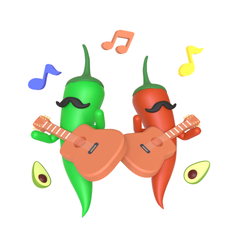 Green and red chili pepper playing guitar 3D Illustration