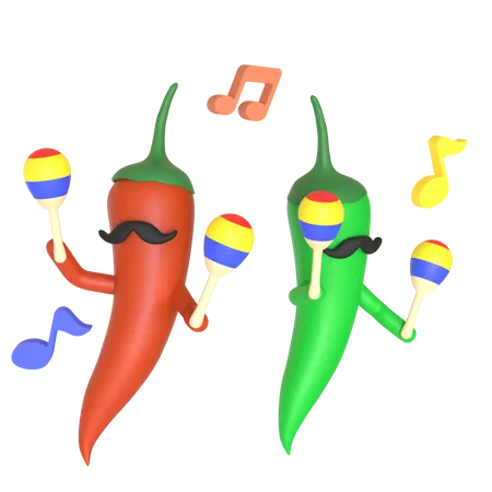 Green and red chili pepper playing maracas  3D Illustration