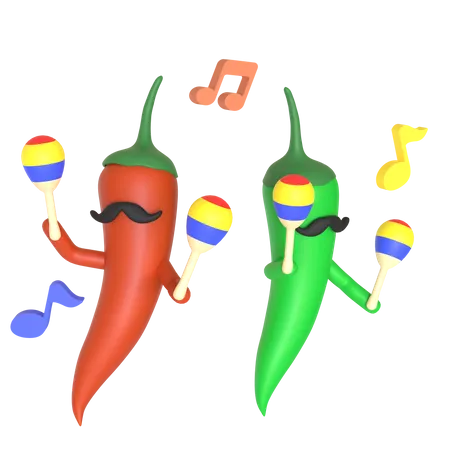 Green and red chili pepper playing maracas 3D Illustration