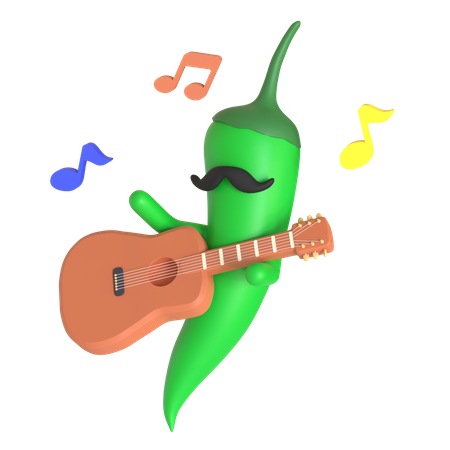 Green chili pepper playing guitar  3D Illustration