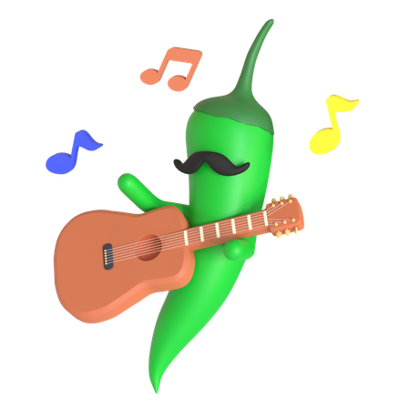 Green chili pepper playing guitar 3D Illustration