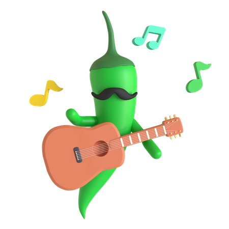 Green chili pepper playing guitar 3D Illustration