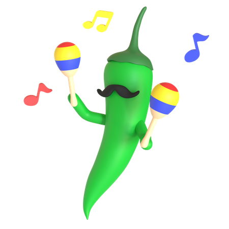 Green chili pepper playing maracas 3D Illustration